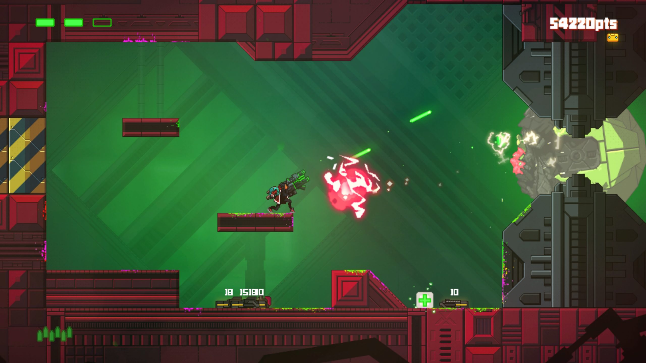 
 Gunborg: Dark Matters is an arcade-style, action-packed platformer in space, with smooth gameplay and a slick 80’s synth-wave soundtrack, and is quite good.

You play as a bounty huntress, armed with a saber, a powerful shield, and a jetpack, and your job is simple, just fight your way through an alien spaceship filled with deadly creatures and capture the fearsome bosses defending it.