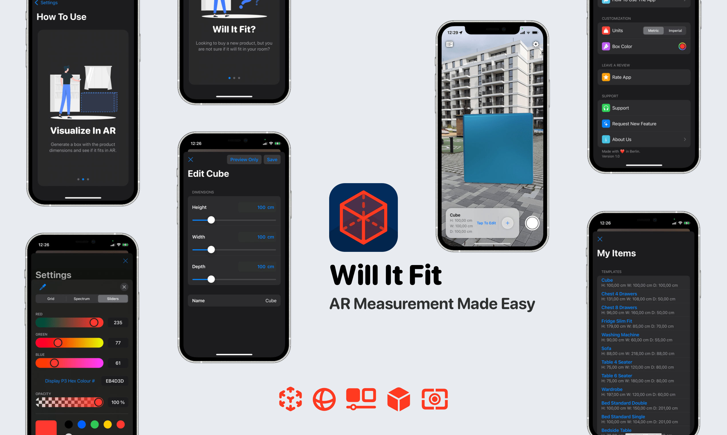 
Imperium Apps GmbH are proud to announce that their new app, Will It Fit – AR Measurement , is out now exclusively on the App Store for iOS.

Will It Fit AR allows you to quickly visualize how big something is and if it fits in your room. 

Enter the dimensions of the product you are interested in and Will It Fit? will quickly generate a box you can place, move and rotate around in AR.  Once created, you can save this object for future reference.

Will It Fit AR is perfect AR tool designed for:

- When you move to a new home and want to make sure that your old or new furniture will fit in your home
- When you remodel your home
- When you are buying something online but you are not sure if the object will fit in your room

Update the box dimensions in real time via the sliders or fields and move the object around using your fingers and make sure that your new sofa, fridge, chair, table, bean bag, TV, plant, whatever you are about to buy online fits or not in your room.

Notable Features:

- Customization
- Light & Dark Mode
- Accessibility Options

![](https://apps.apple.com/de/app/will-it-fit-ar-measurement/id1573554883?l=en)
.